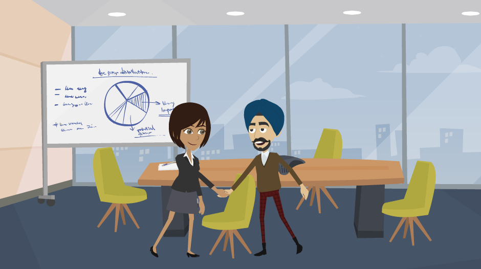 A woman and man are smiling and  shaking hands in a meeting room. There is a white board behind them with an image of a pie chart.