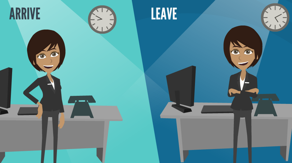 A square box split in half. On the left side against a light blue background stands Jane Career with a hand on her hip. There is a desk behind her with a clock reading 8:50AM.  The word “Arrive” appears in the top right.  On the right side of the box against a dark blue backgrounds stands another image of Jane Career with arms crossed. There is a desk behind her with a clock reading 5:10PM. The word “Leave” appears on the top left.