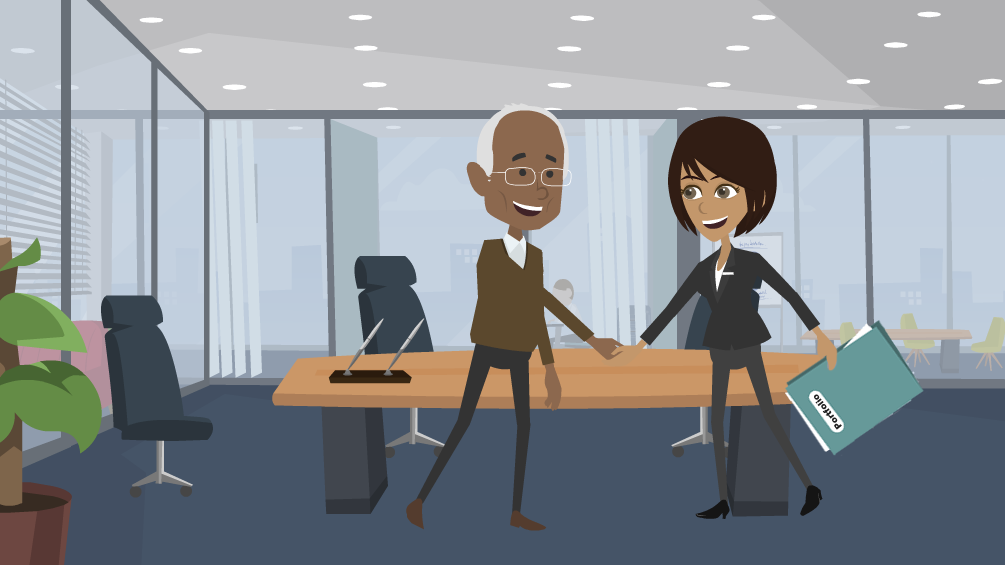 A man in a cardigan and pants and a woman in a business suit and holding a folder are shaking hands in an office.