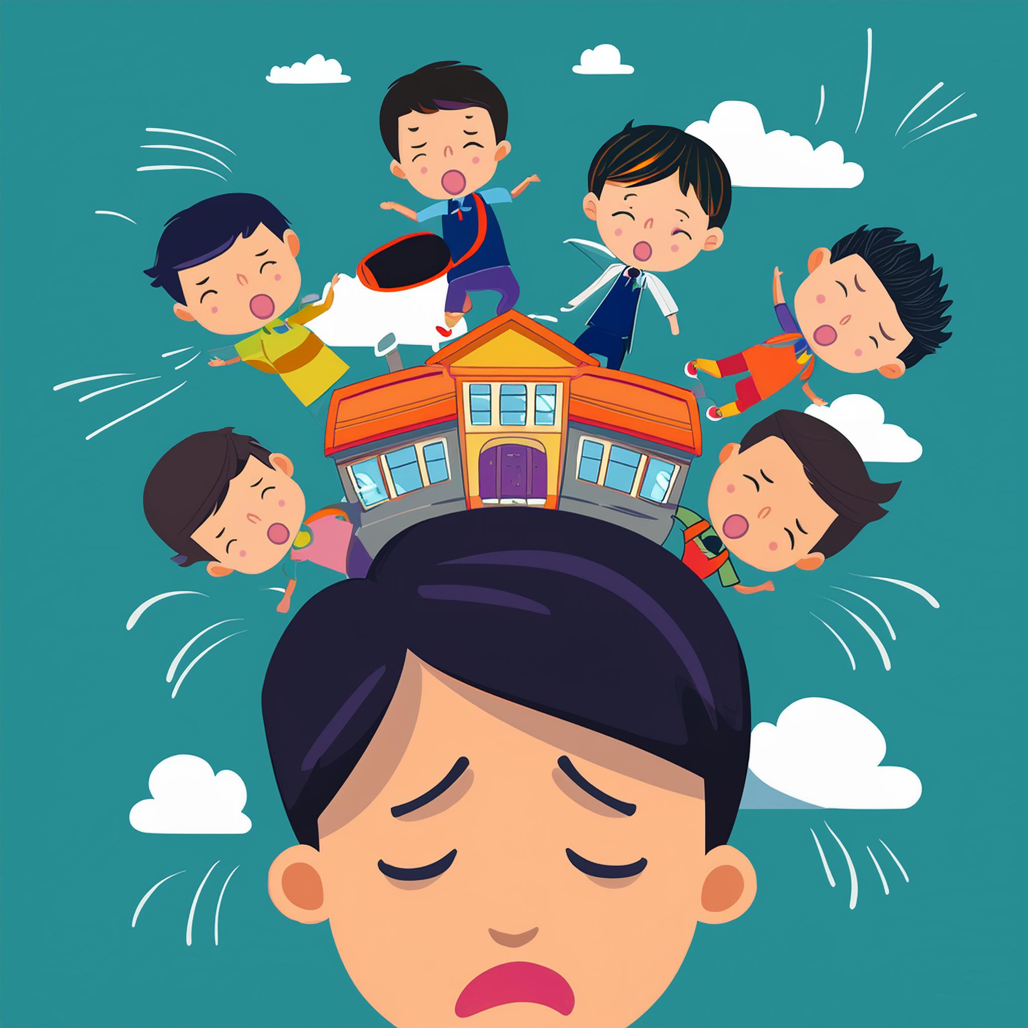 A digital illustration of a sad man with coughing children and a school falling on his head.