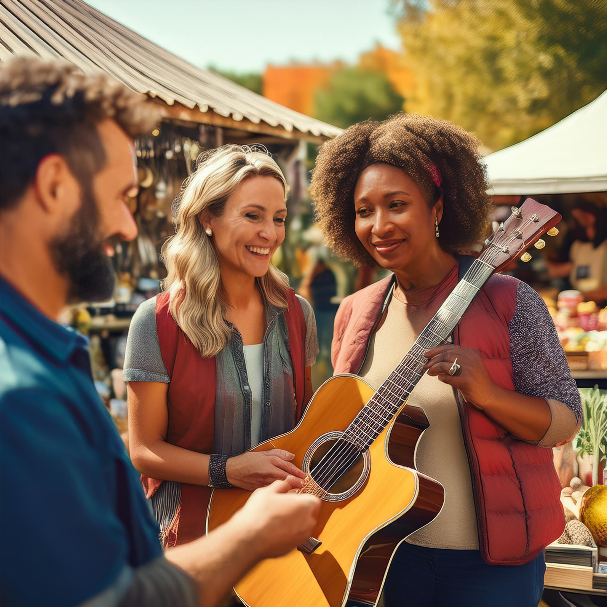 Artificially-generated image of two women inspecting a guitar at an outdoor market, with a smiling seller looking on.