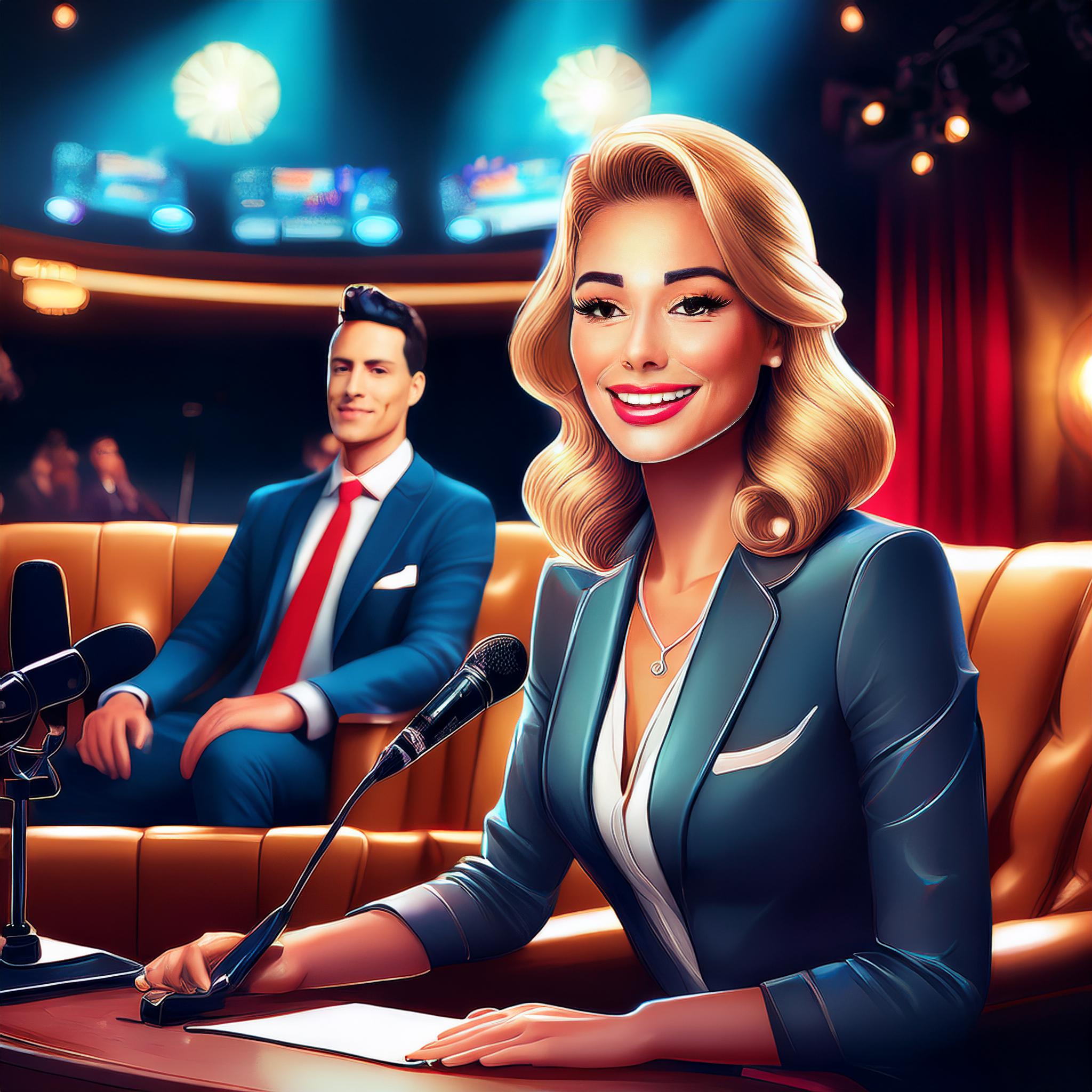 Artificially-generated digital illustration of a female late-night TV show host sitting at a desk with a microphone, interviewing a male guest, sitting on a couch beside her.