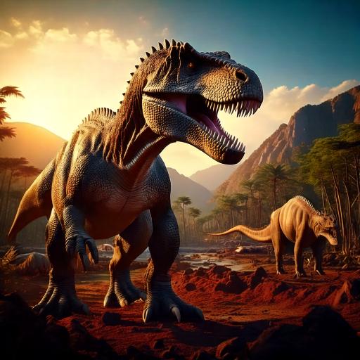 AI-generated image of dinosaurs roaming near the mountains.