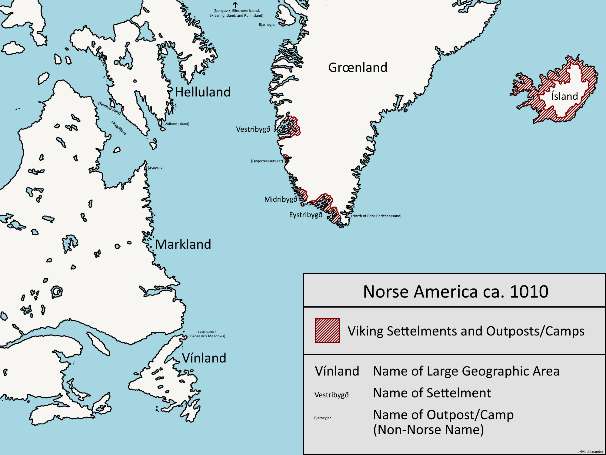 Image of a map of Norse America circa 1010, showing Viking settlements in Iceland and Greenland.