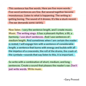 Text attributed to Gary Provost that is highlighted to show that paragraphs using sentences of different lengths are more engaging. The text reads: This sentence has five words. Here are five more words. Five-word sentences are fine. But several together become monotonous. Listen to what is happening. The writing is getting boring. The sound of it drones. It's like a stuck record. The ear demands some variety. Now listen. I vary the sentence length, and I create music. Music. The writing sings. It has a pleasant rhythm, a lilt, a harmony. I use short sentences. And I use sentences of medium length. And sometimes when I am certain the reader is rested, I will engage him with a sentence of considerable length, a sentence that burns with energy and builds with all the impetus of a crescendo, the roll of the drums, the crash of the cymbals - sounds that say listen to this, it is important. So write with a combination of short, medium, and long sentences. Create a sound that pleases the reader's ear. Don't just write words. Write music.