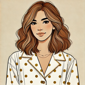 The illustration shows a young woman with shoulder-length wavy brown hair, a calm expression, and a subtle smile. She wears a white blouse with gold polka dots.