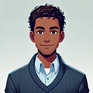 The illustration shows a young man with short, curly dark hair, a friendly expression, and a slight smile. He is dressed in a collared shirt layered with a dark sweater, giving a neat, casual look.