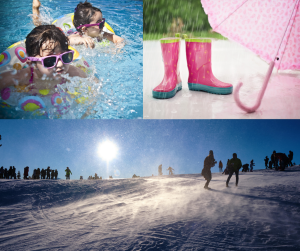 A collage of 3 images which include two children swimming on a hot day, rainboots and umbreslla and a group of snowboarders sliding down a snowy hill.