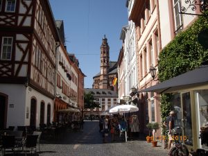 Mainz cathedral from Kirschgarten view through Augustinerstraße across the Leichhof towards the western choir.