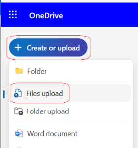 onedrive screen with create or upload and files upload indicated