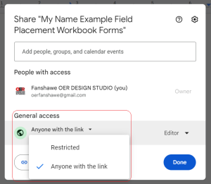 General access menu highlighted with anyone with link checkmarked