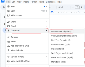 file menu with download and Microsoft Word options indicated