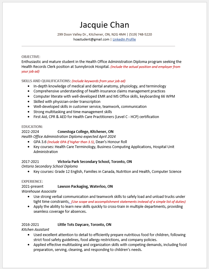 Sample Resume for fictional student Jacquie Chan. Use link below image to download accessible Word file.