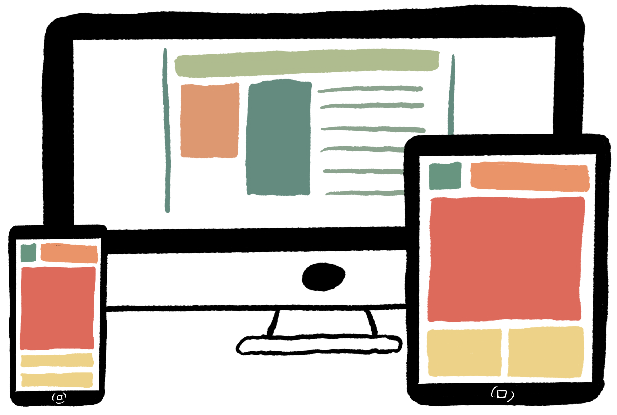 A drawing of three different layouts for phone, tablet, and desktop.