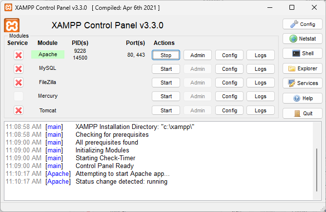 The XAMPP Control Panel after Starting Apache