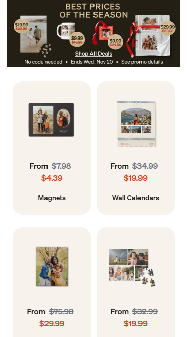 Part of the shutterfly.com mobile web site showing side-by-side content