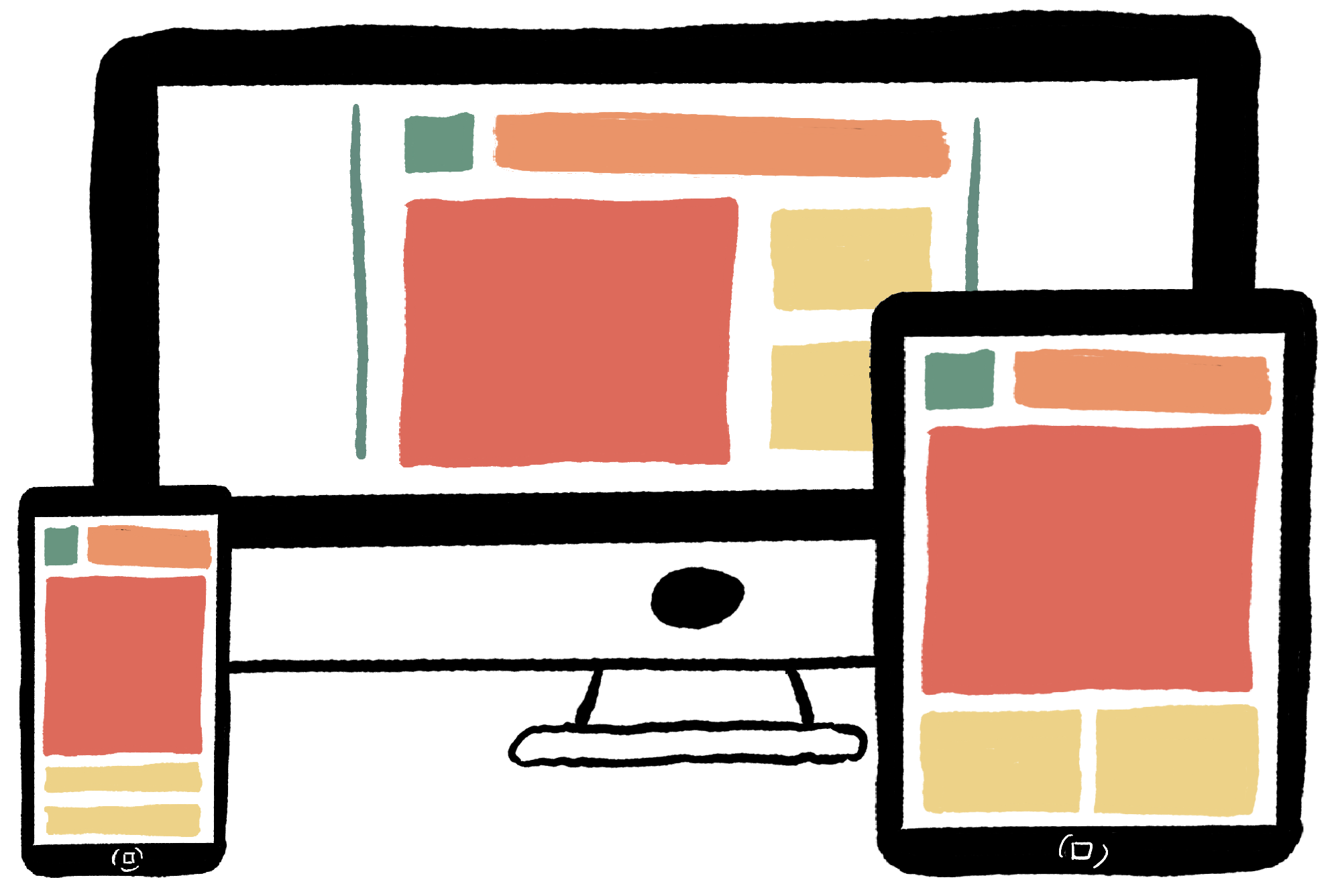 A drawing of three different layouts for phone, tablet, and desktop.