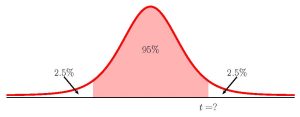 Graph of a t-distribution curve. Along the horizontal axis the point t is labeled. There is a vertical line from t to the normal distribution curve. The area under the curve in the middle of the distribution is labeled 95%. The area in the left tail is labeled 2.5%. The area in the right tail is labeled 2.5%.