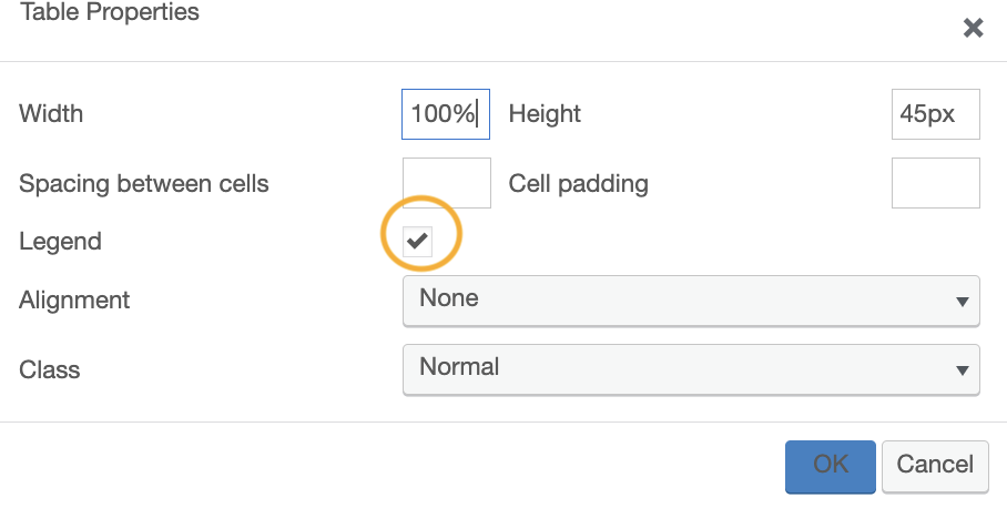 The Table Properties text box with the Legend feature checked and highlighted
