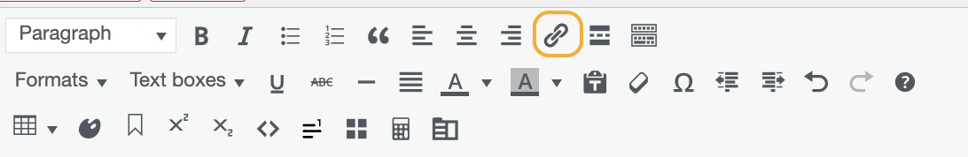Visual editor menu with the hyperlink icon highlighted