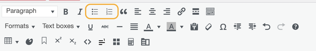 Visual editor menu with bulleted and numbered lists icons highlighted