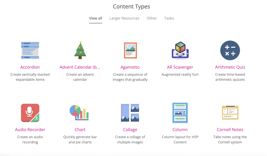 Webpage from H5P.org when clicking the “View all” tab showing all content types icons
