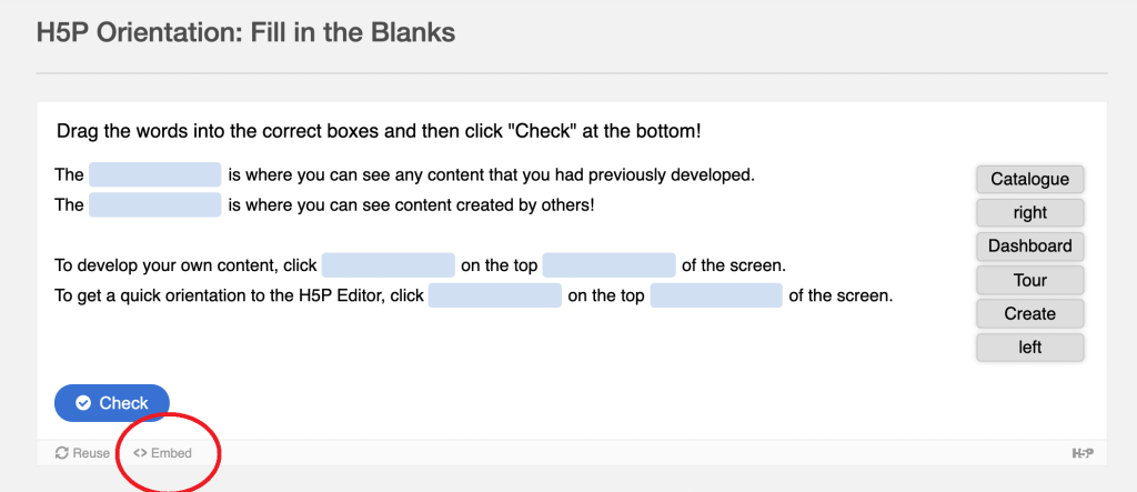An H5P content type with the word “Embed” from the lower left corner circled