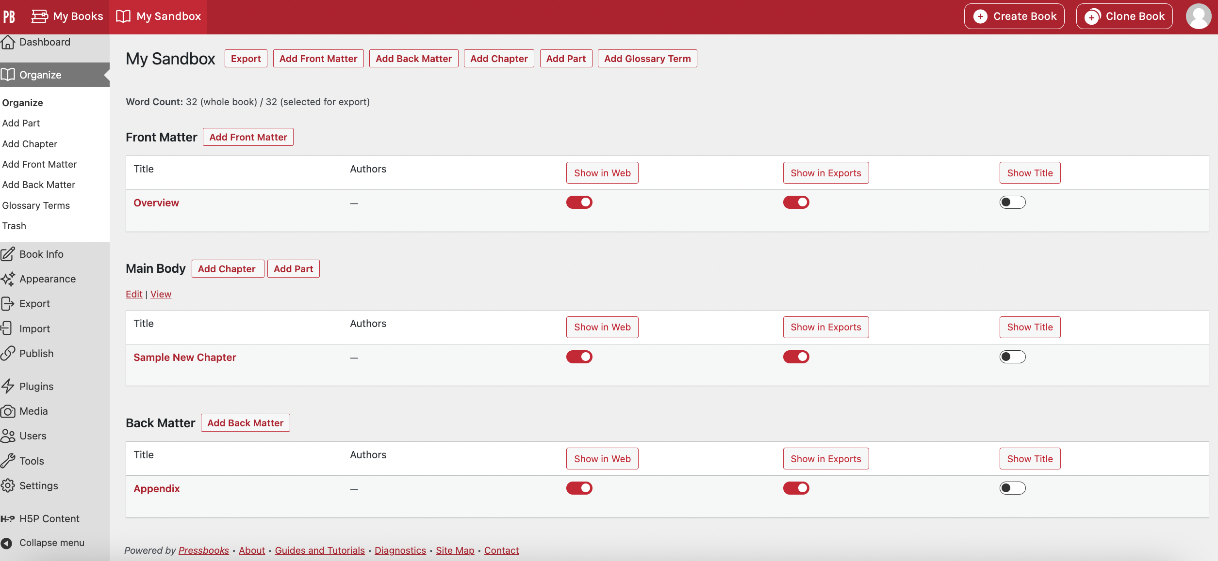 The Organize dashboard panel with parts and chapters section showing in the main window