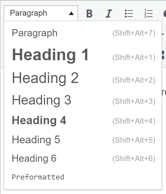 Styles menu options in the Pressbooks editor, including Heading 1, Heading 2 and so on.