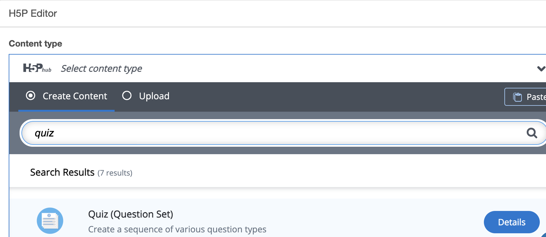 H5P Create selection with “Quiz: Question Set” highlighted