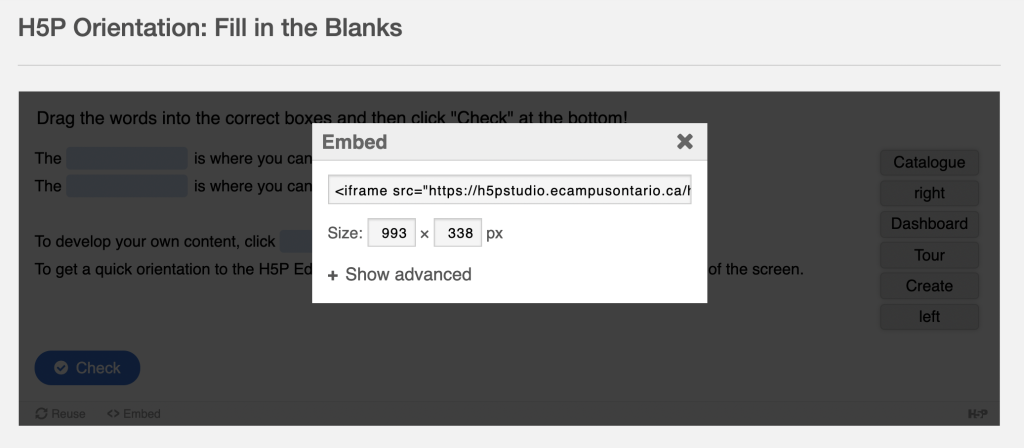 A popup window showing Embed code from H5P content type