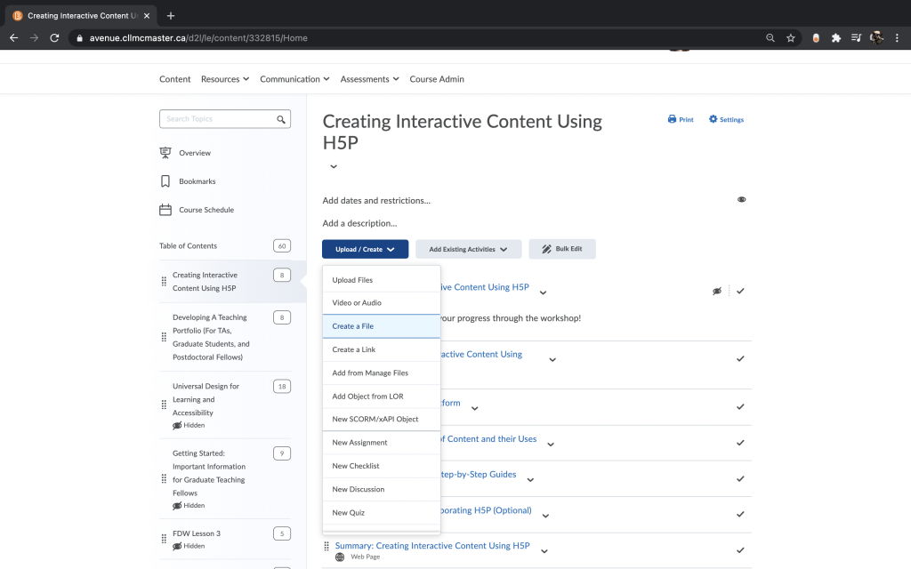 Brightspace with the Create A File option highlighted