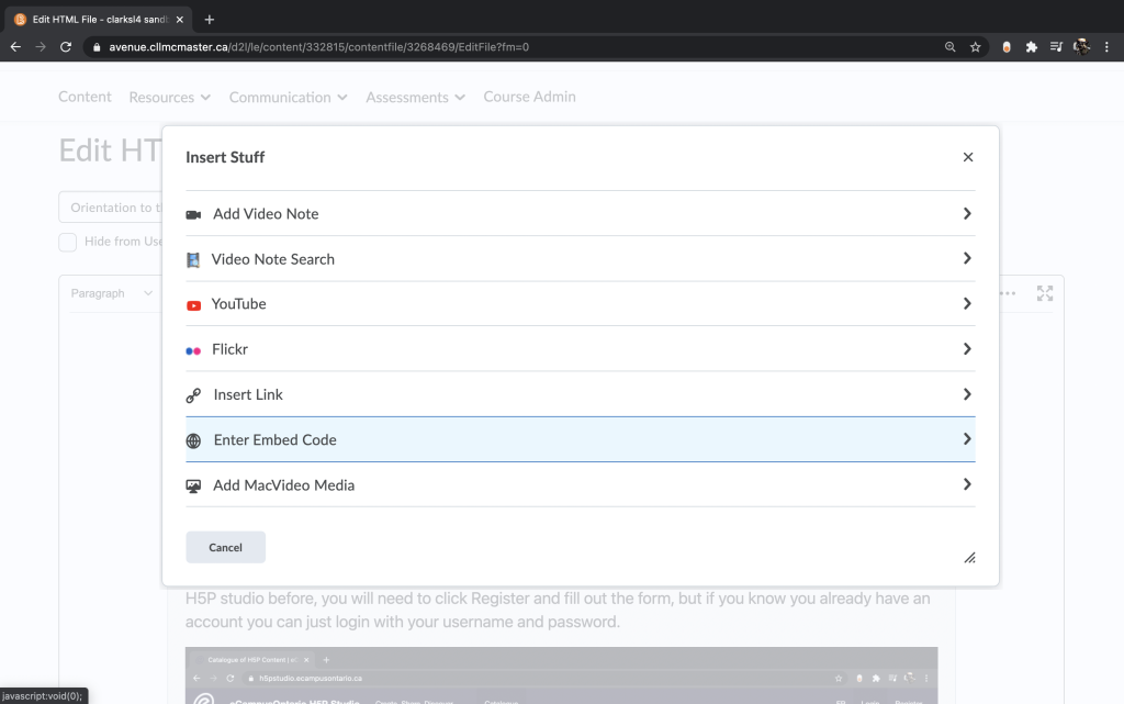 Brightspace Insert Stuff menu with Enter Embed Code highlighted