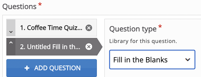 H5P Quiz Question Set – Add Question option with Fill in the Blanks highlighted