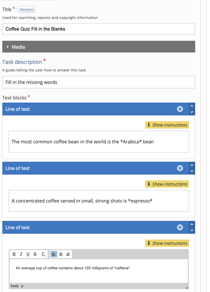 H5P Fill in the Blanks Question with three text block fields completed as demonstration