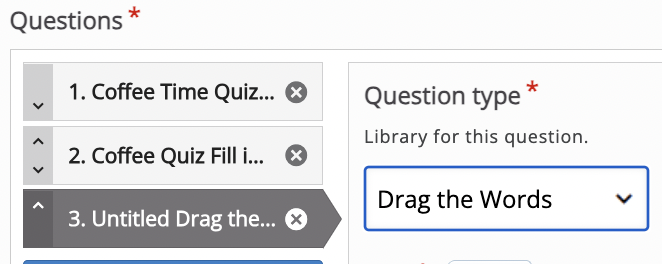 H5P Quiz Question Set – Add Question option with Drag the Words highlighted