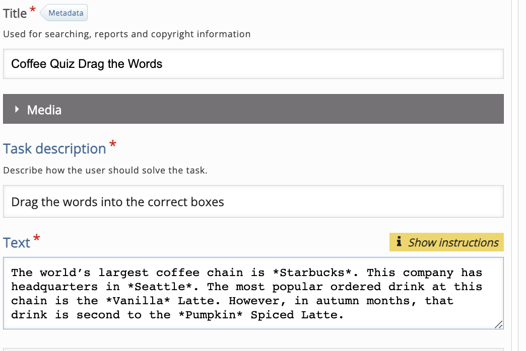 H5P Drag the Words Question with the longer text block field completed as demonstration