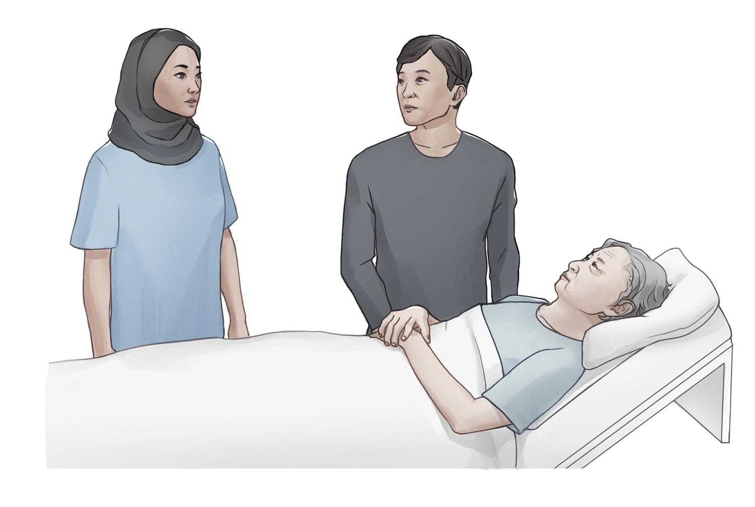 A nurse speaking to an older client in a hospital bed and the adult child of the client at their bedside.