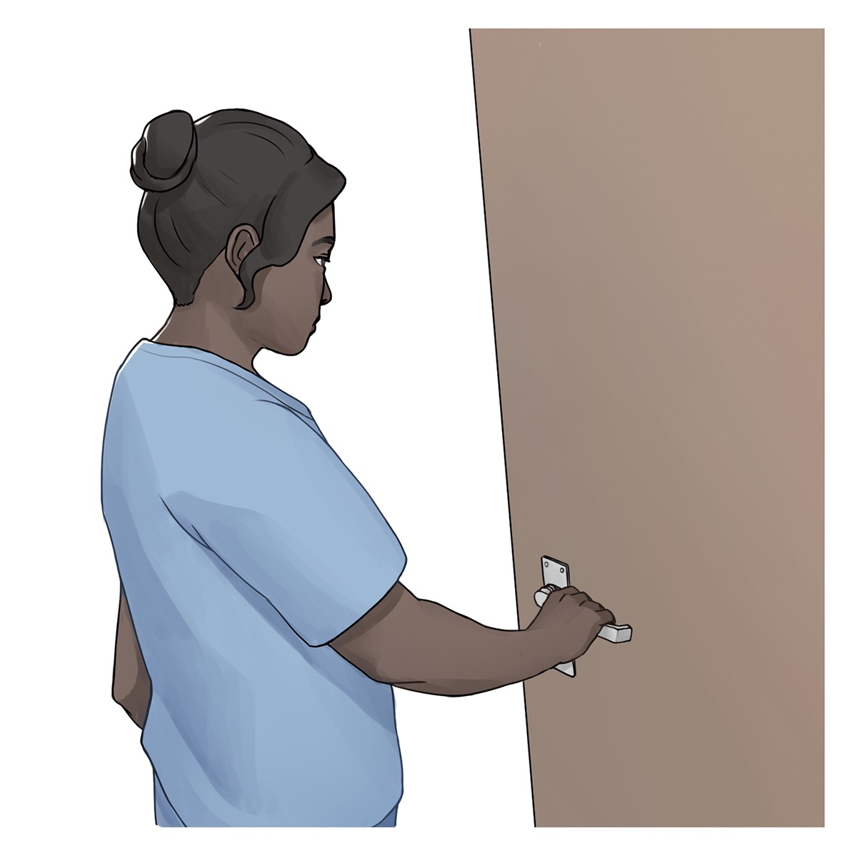 A nurse grasps the handle of a door as they move to exit the room.