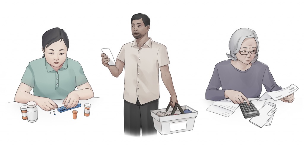 From left to right: a person sitting at a table counting out pills and organizing their medication for the week, a person carrying a shopping basket and checking a shopping list, and an older person sitting at a table using a calculator as they pay bills.