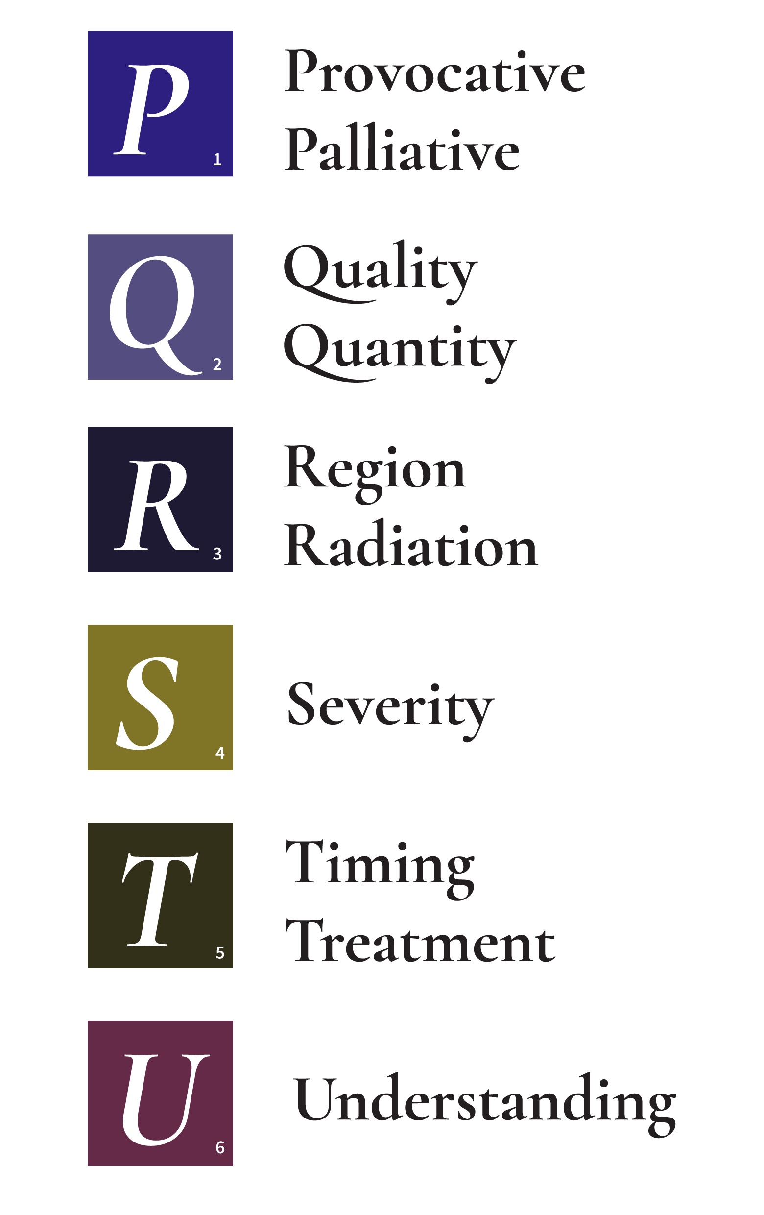 P Q R S T U presented vertically. The words Provocative and Palliative are beside the P, Quality and Quantity beside the Q, Region and Radiation beside the R, Severity beside the S, Timing and Treatment beside the T, and Understanding beside the U.