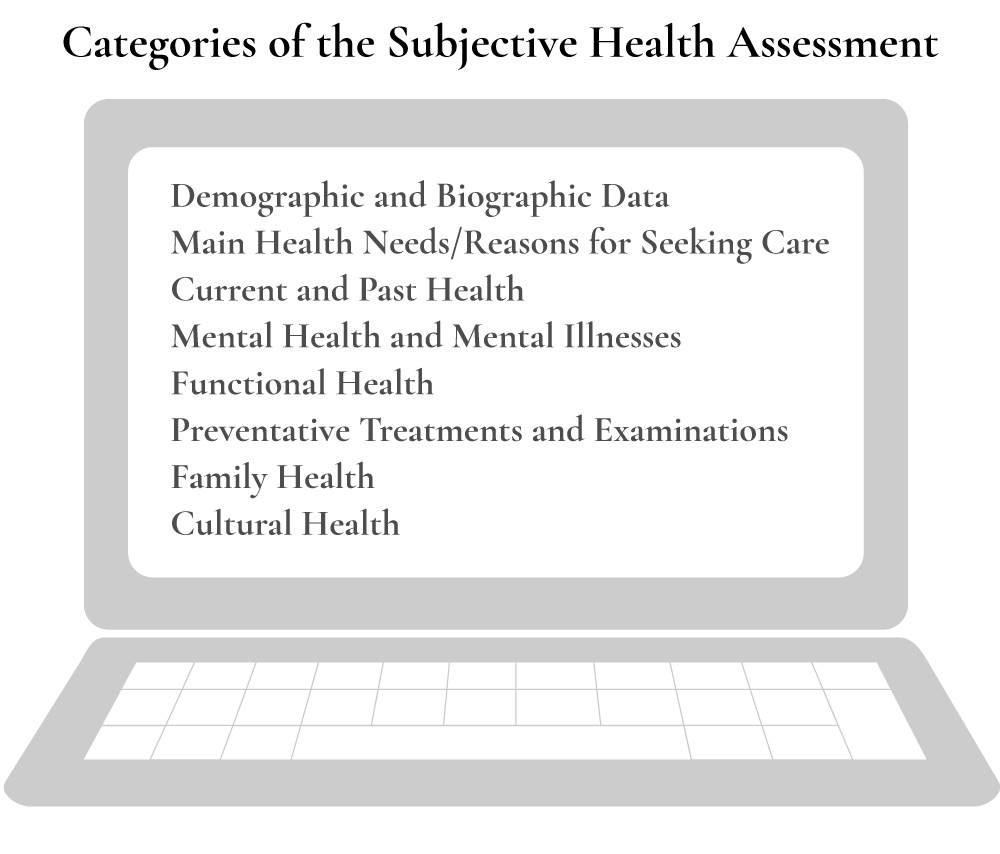 Computer with the categories of the complete subjective health assessment on the screen.