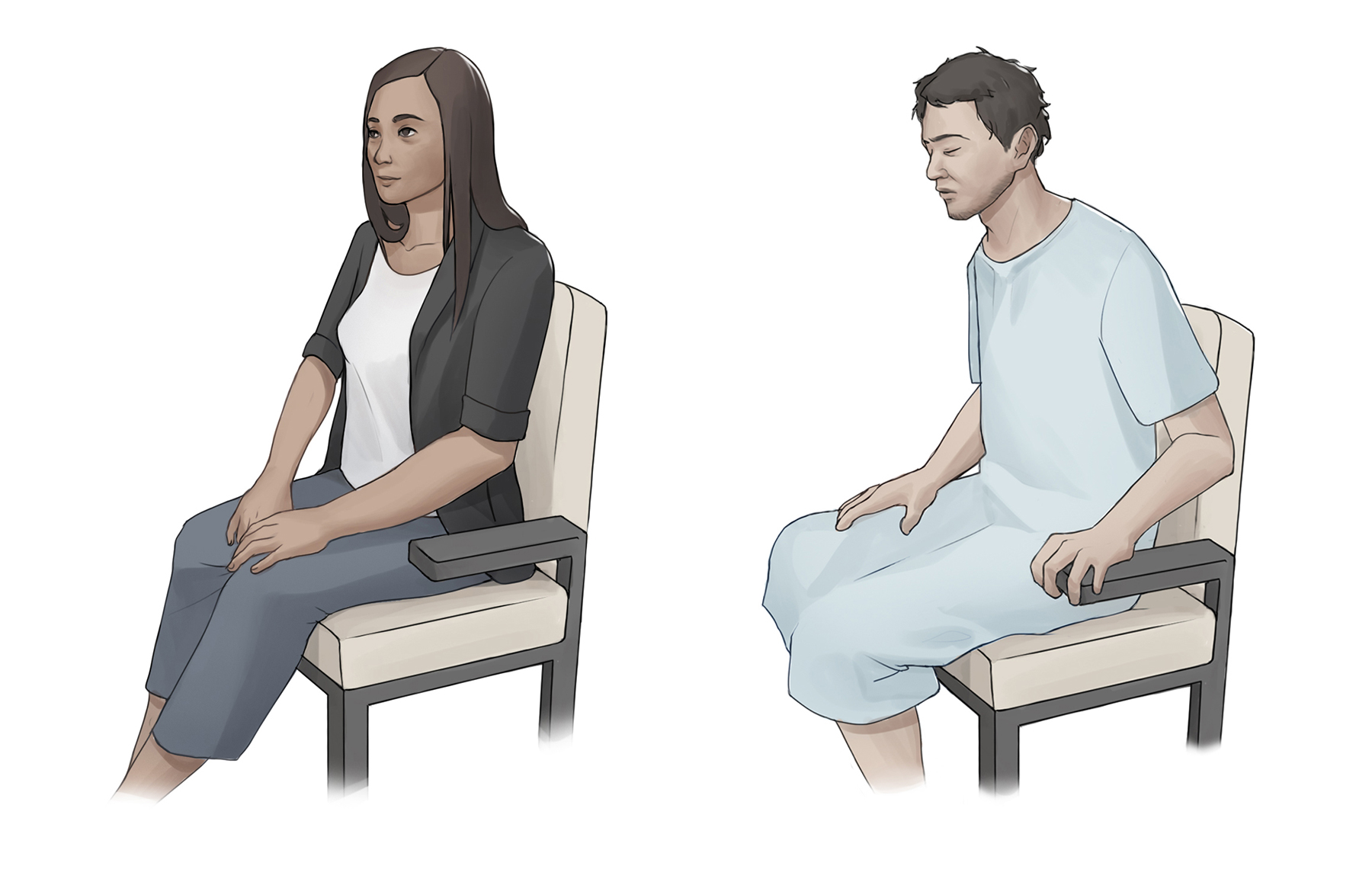 To the left, a person sitting in a chair who is well-dressed and appears calm. To the right, a different person in a hospital gown sitting in a chair who appears to be distressed and in physical discomfort.