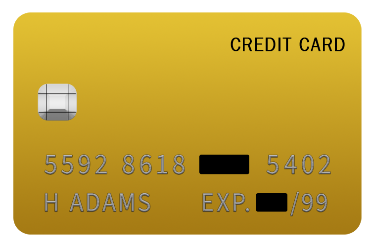 Image of a credit card that reads '5592 8618 _____ 5402, H Adams, Exp. ___/99'