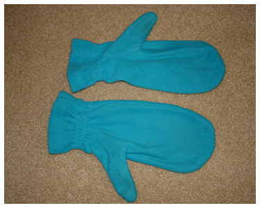 Thin blue mittens.