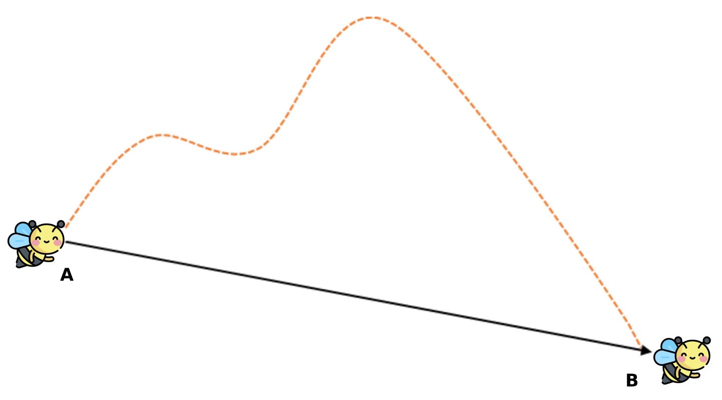 Two bees are positioned at points A and B, connected by a straight black arrow and a wavy orange dashed line, representing direct and indirect paths between the points.