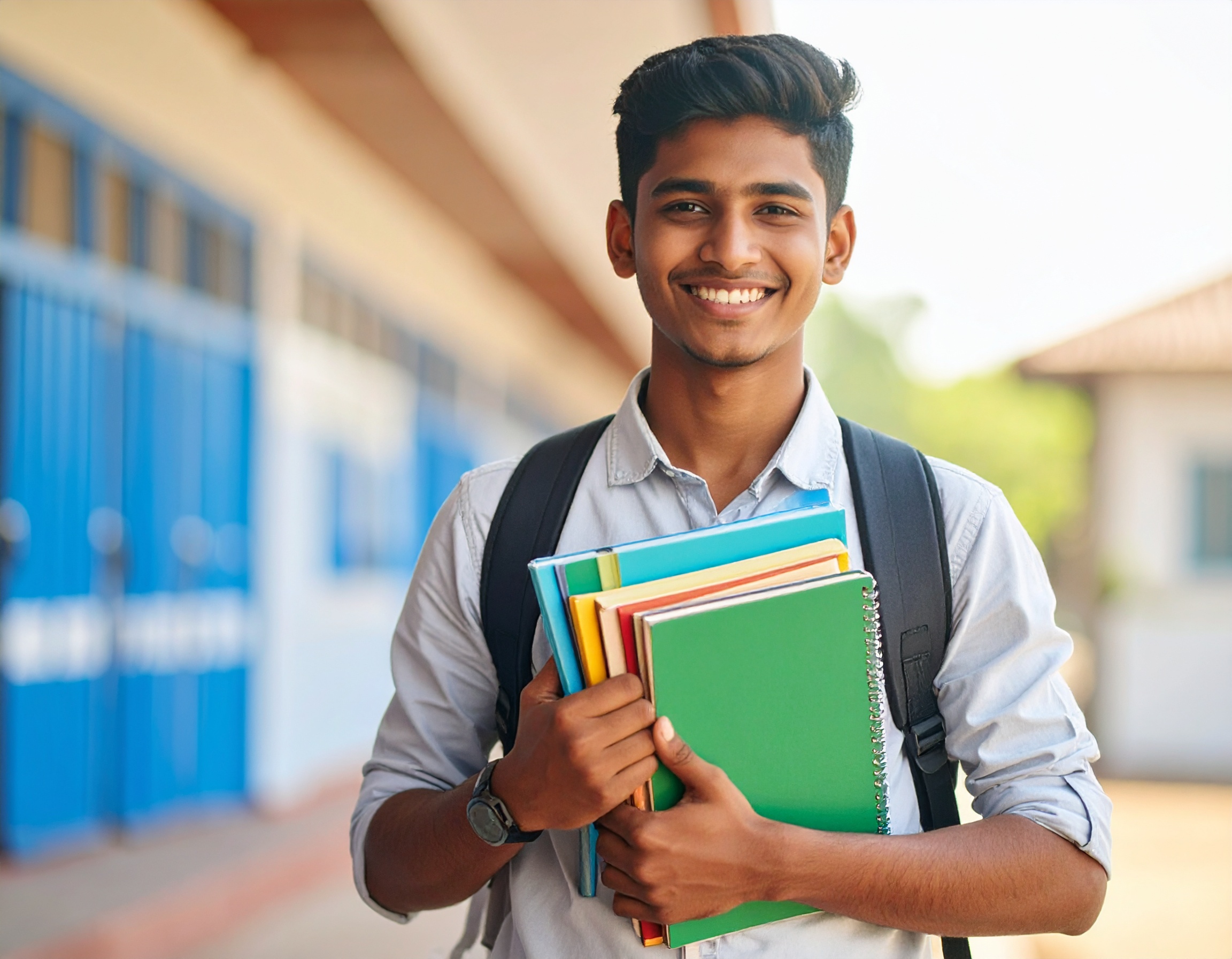 A smiling young Indian teenager wearing a backpack, holding a stack of books.