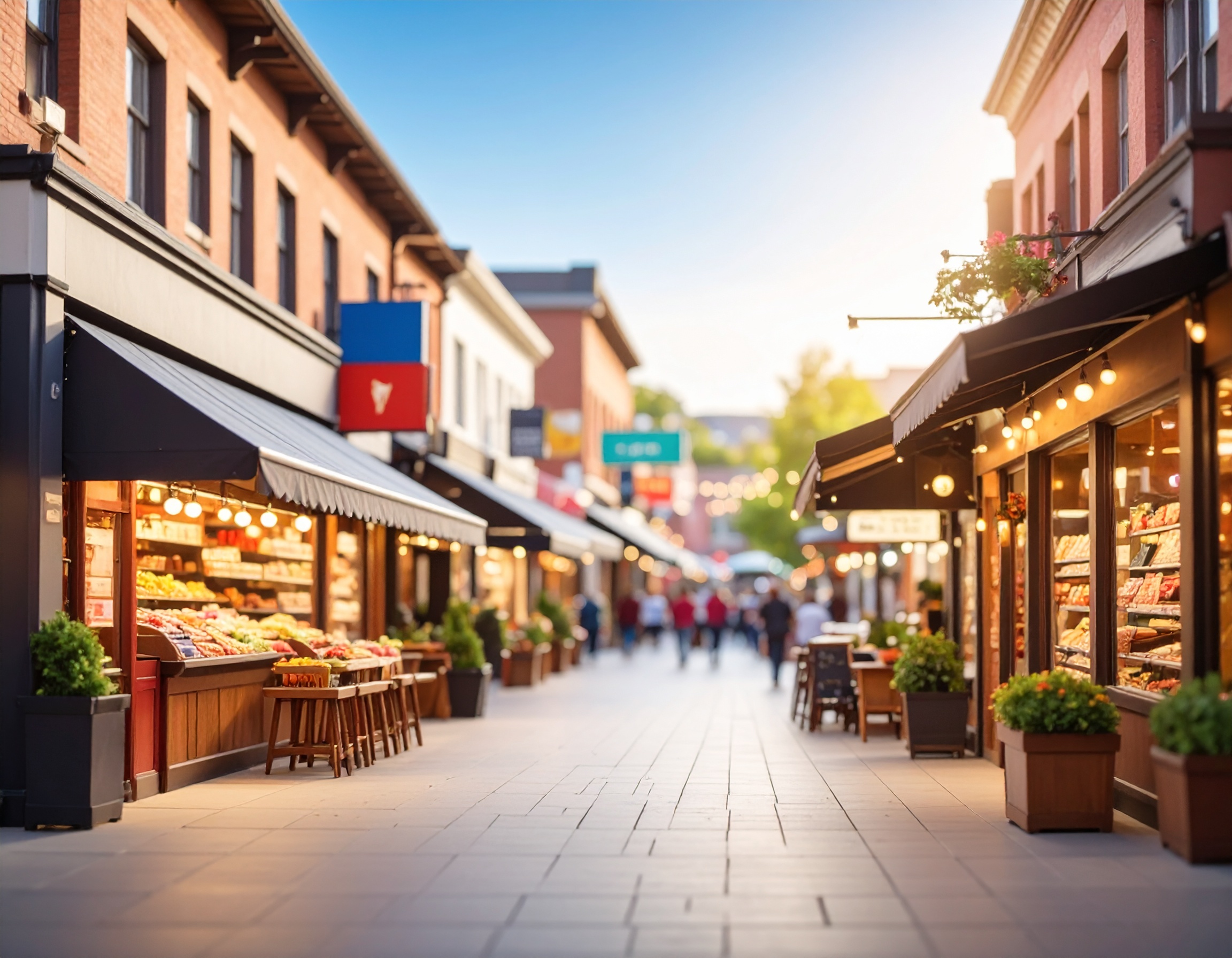 A small town street with a grocery store on one side and a bookstore across the street.