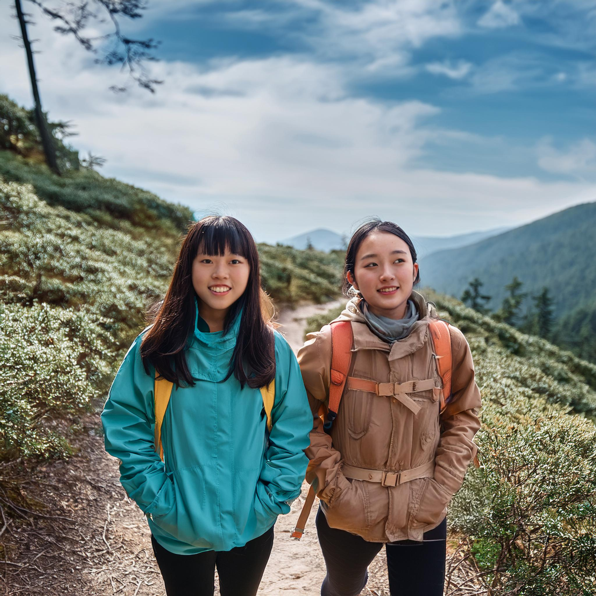 Two young Korean women hiking on a nature trail.