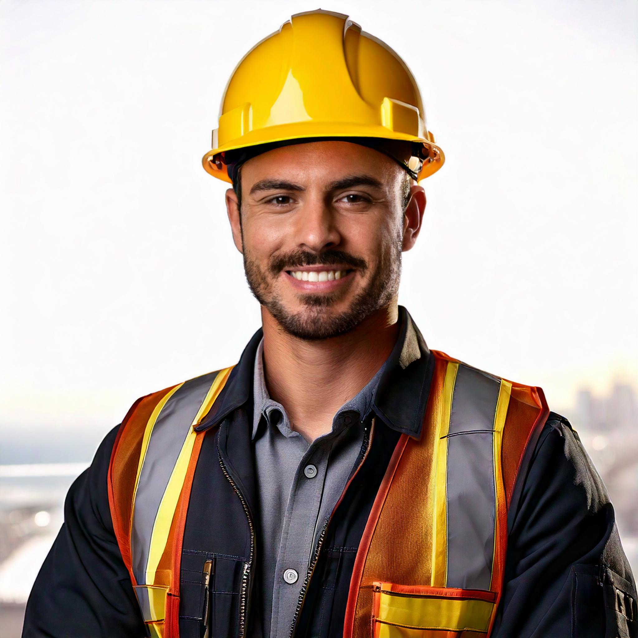 A young Spanish man wearing a yellow hard hat and construction vest.